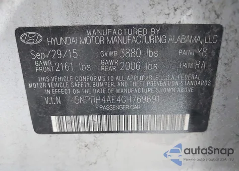 2016 Hyundai Elantra Se from USA, damaged, VIN 5NPDH4AE4GH769691
